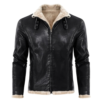 B031 Men Real Leather Aviator Jacket - Black Sheep Shearling Fur Collar