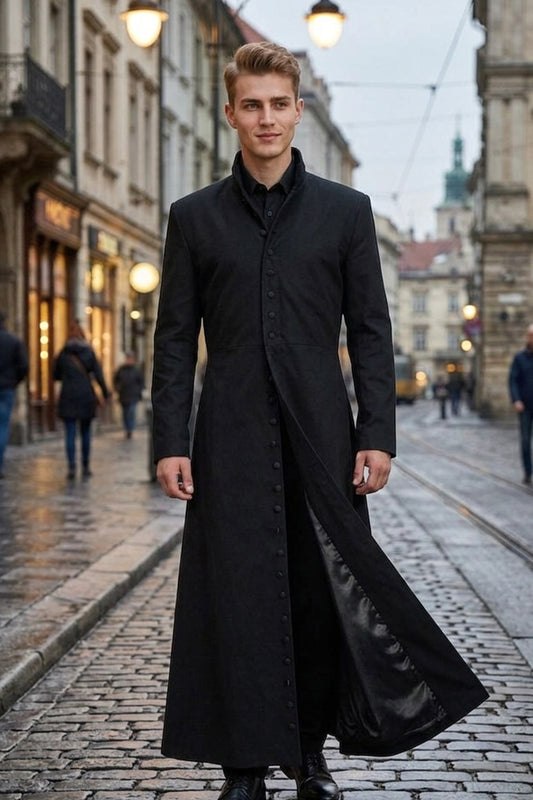 C007 Matrix Neo Twill Coat Keanu Reeves Black Trench for Men's