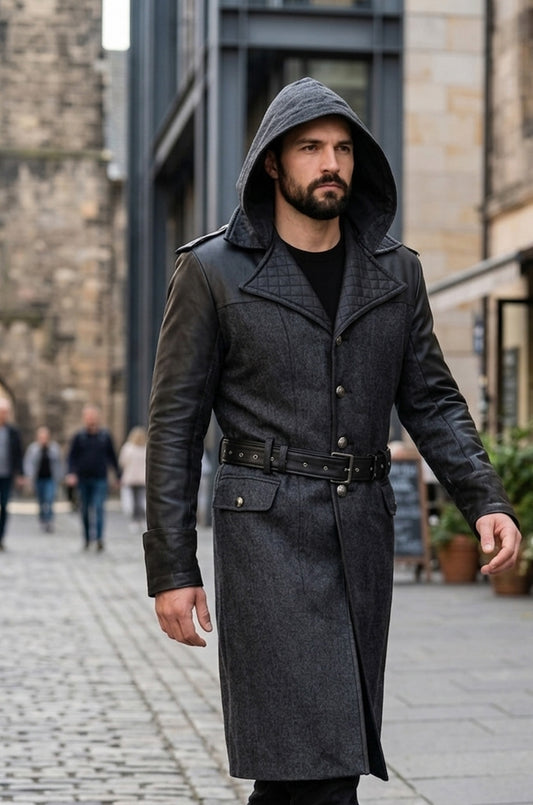 C019 Assassins Creed Men's Grey Syndicate Jacob Frye Trench Real Leather Wool Coat