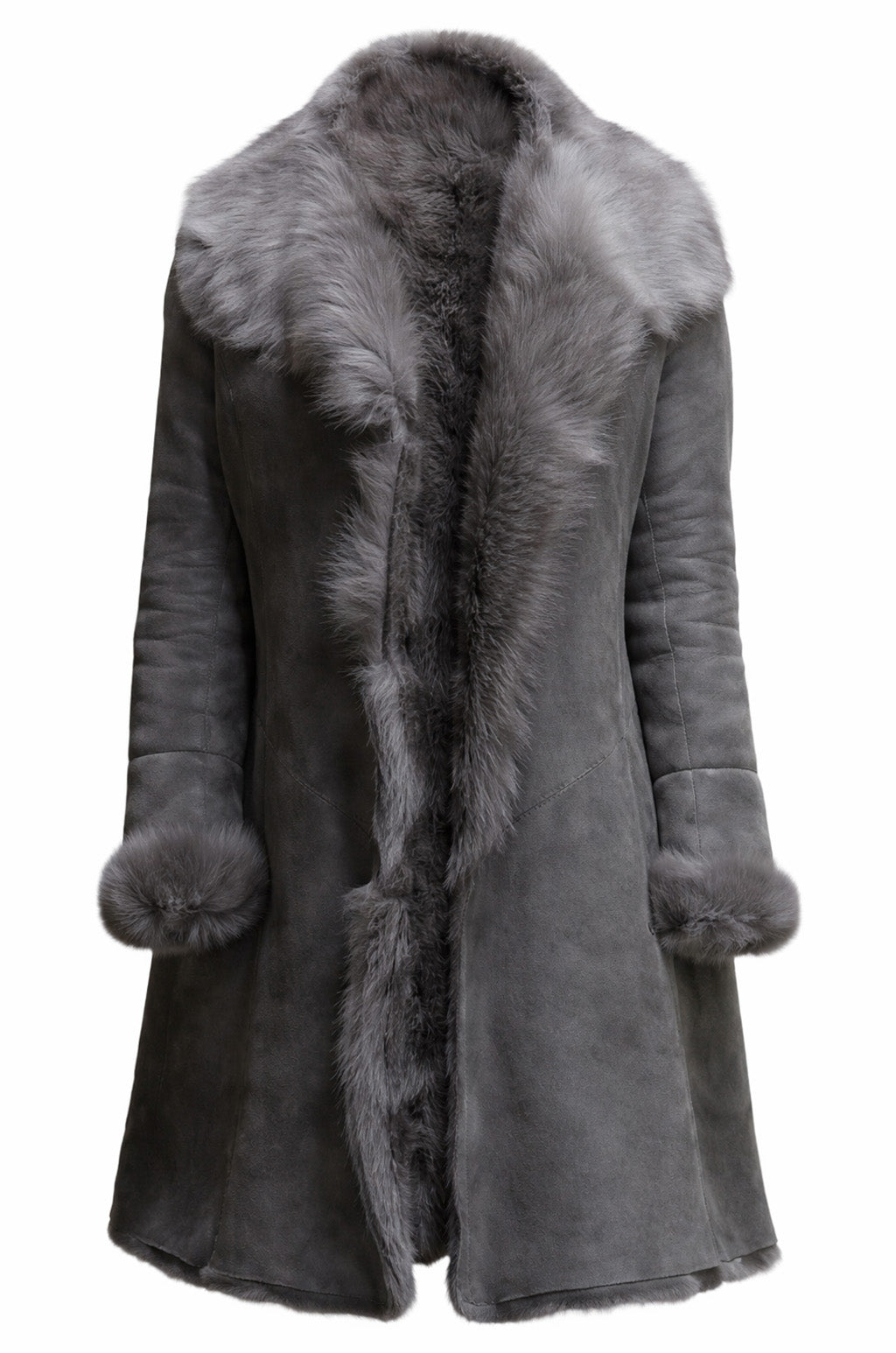 Women Classic Retro Vintage Grey Fur Genuine Sheepskin Leather Coat