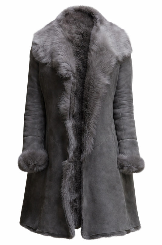 Women Classic Retro Vintage Grey Fur Genuine Sheepskin Leather Coat