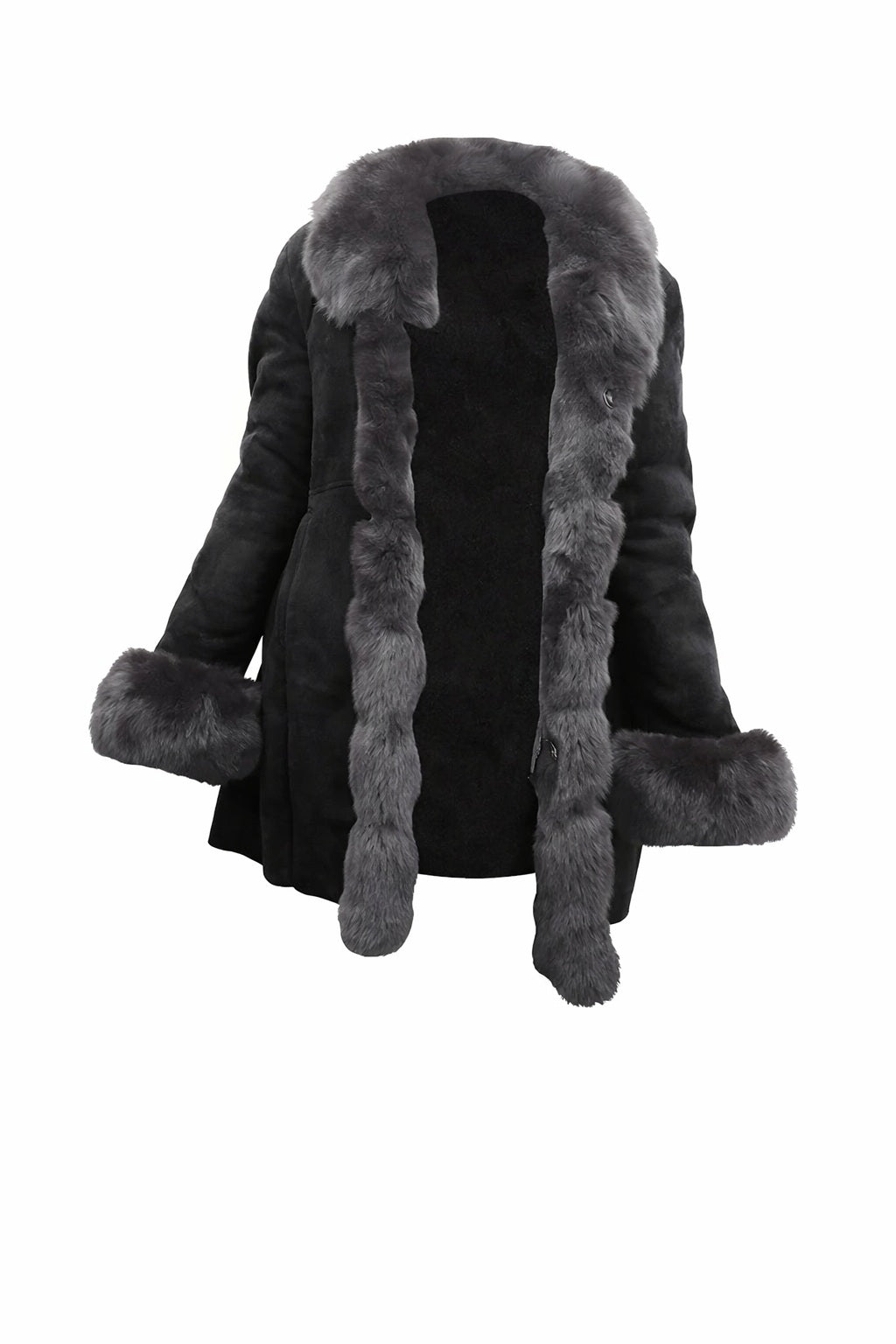 F001 HoL Brand Women's Real Black Suede Leather Coat