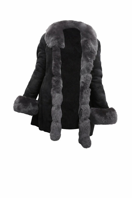 F001 HoL Brand Women's Real Black Suede Leather Coat