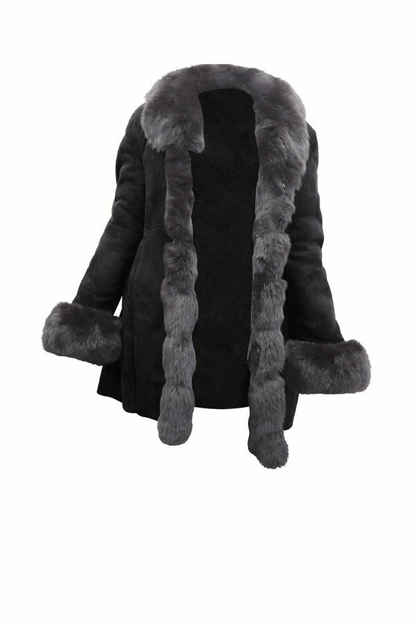 F001 HoL Brand Women's Real Black Suede Leather Coat