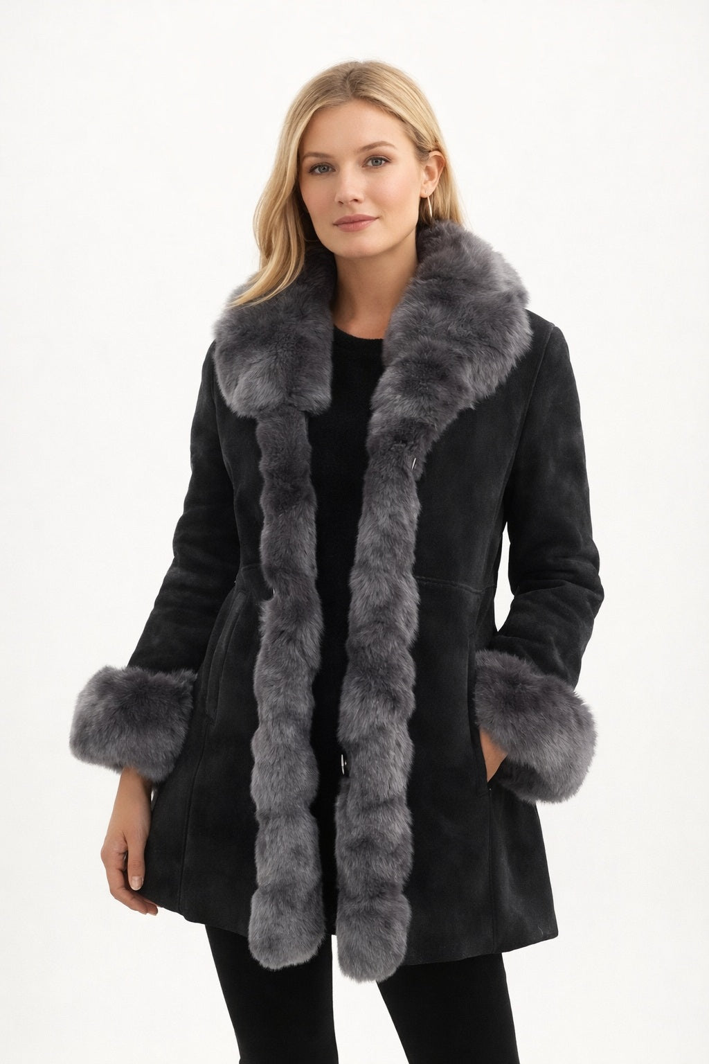 F001 HoL Brand Women's Real Black Suede Leather Coat