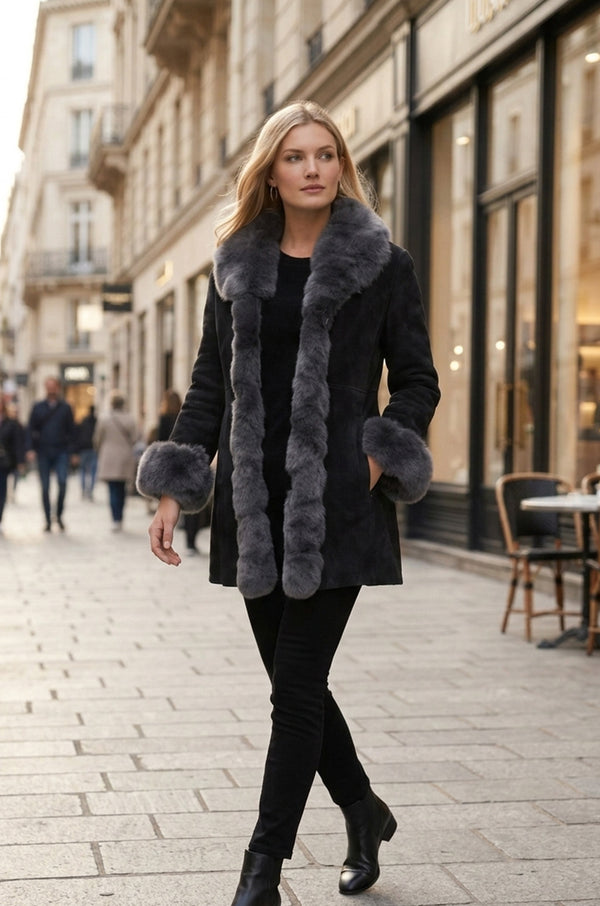 F001 HoL Brand Women's Real Black Suede Leather Coat