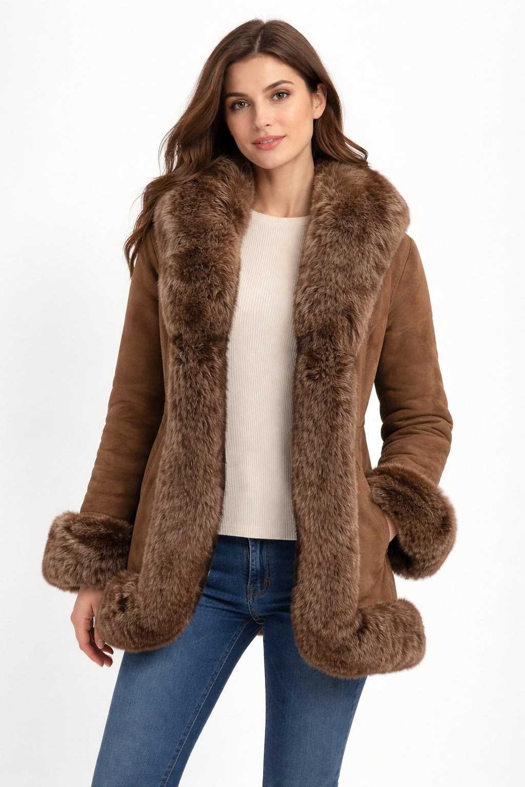 F002 HoL Women's Real Brown Real Sheep Shearling Fur Coat-Medium-Clearance Sale 2024