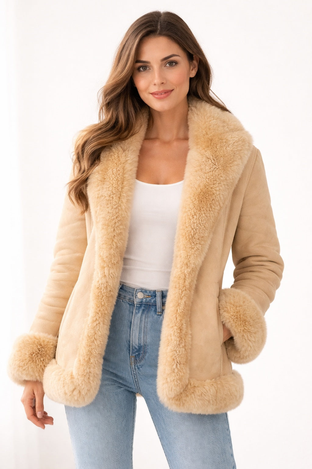 F003 HoL Women's Real Camel Brown Suede Leather Coat