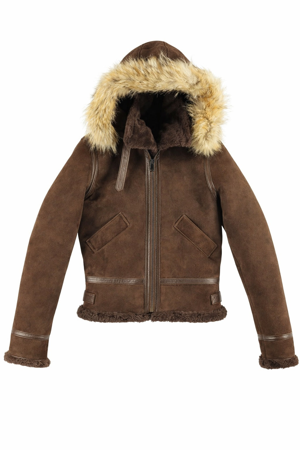 F004 Women's Suede Bomber Soft Shearling Genuine Leather Stylish Detachable Hood Brown Jacket