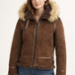 F004 Women's Suede Bomber Soft Shearling Genuine Leather Stylish Detachable Hood Brown Jacket