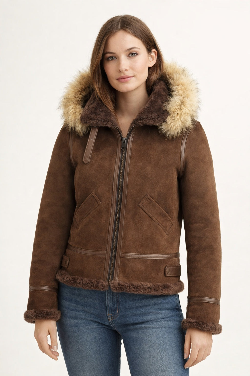F004 Women's Suede Bomber Soft Shearling Genuine Leather Stylish Detachable Hood Brown Jacket