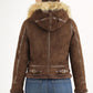 F004 Women's Suede Bomber Soft Shearling Genuine Leather Stylish Detachable Hood Brown Jacket