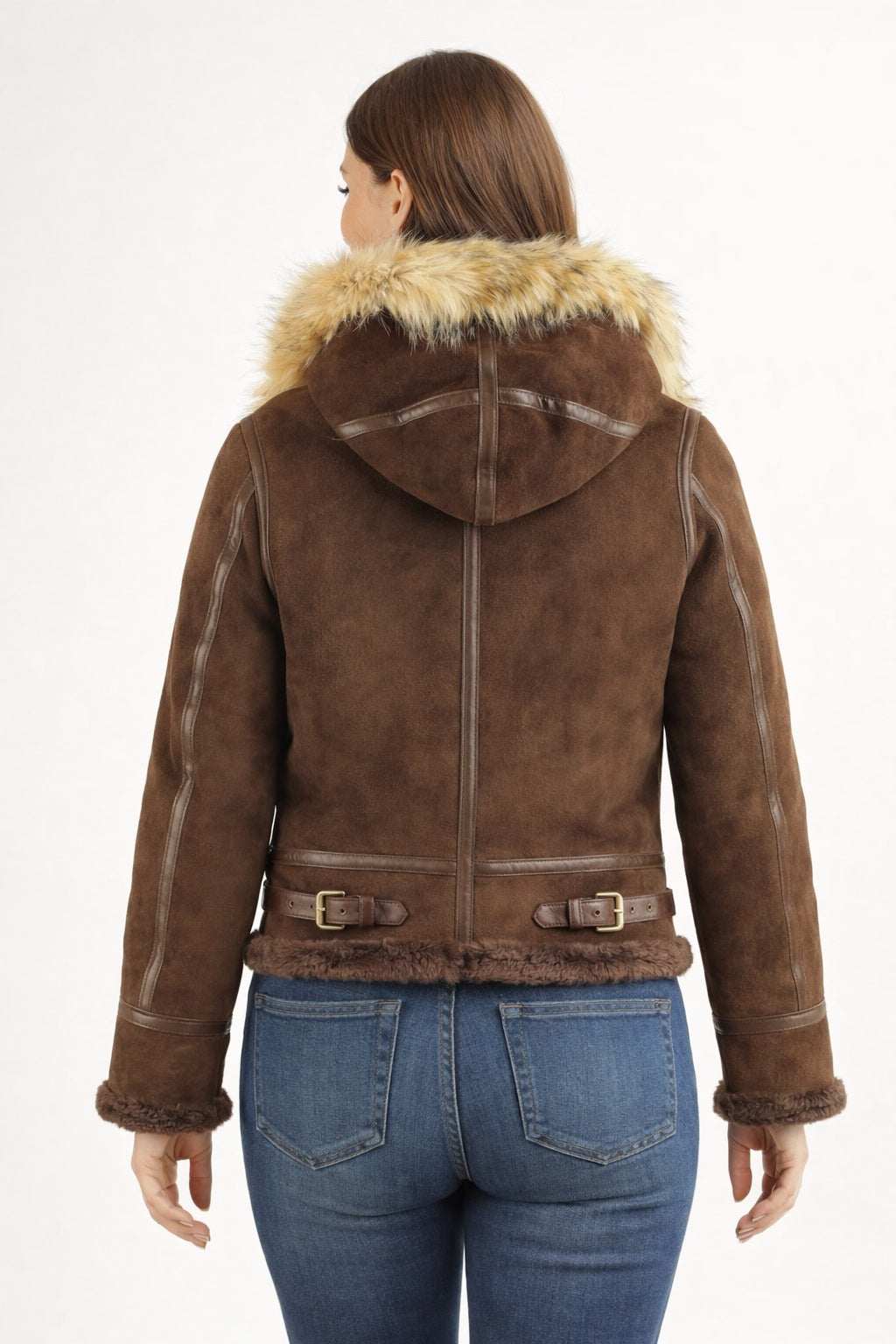 F004 Women's Suede Bomber Soft Shearling Genuine Leather Stylish Detachable Hood Brown Jacket