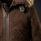 F004 Women's Suede Bomber Soft Shearling Genuine Leather Stylish Detachable Hood Brown Jacket
