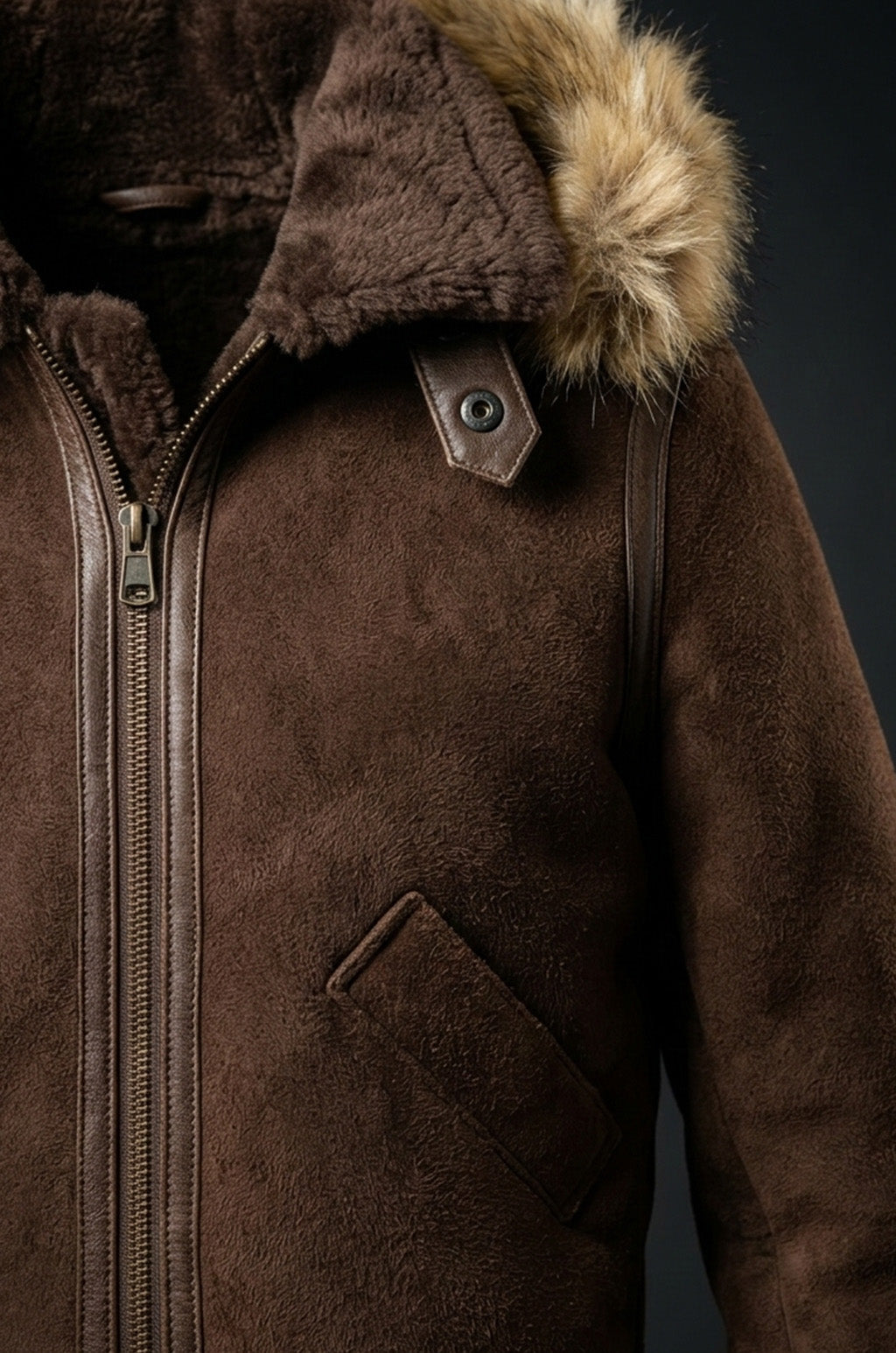 F004 Women's Suede Bomber Soft Shearling Genuine Leather Stylish Detachable Hood Brown Jacket