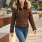 F004 Women's Suede Bomber Soft Shearling Genuine Leather Stylish Detachable Hood Brown Jacket