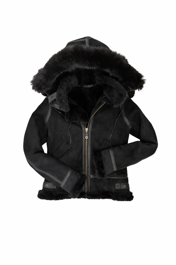 F005 Women's Suede Bomber Soft Suede Texture Shearling Genuine Leather Stylish Detachable Hood Jacket