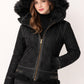 F005 Women's Suede Bomber Soft Suede Texture Shearling Genuine Leather Stylish Detachable Hood Jacket