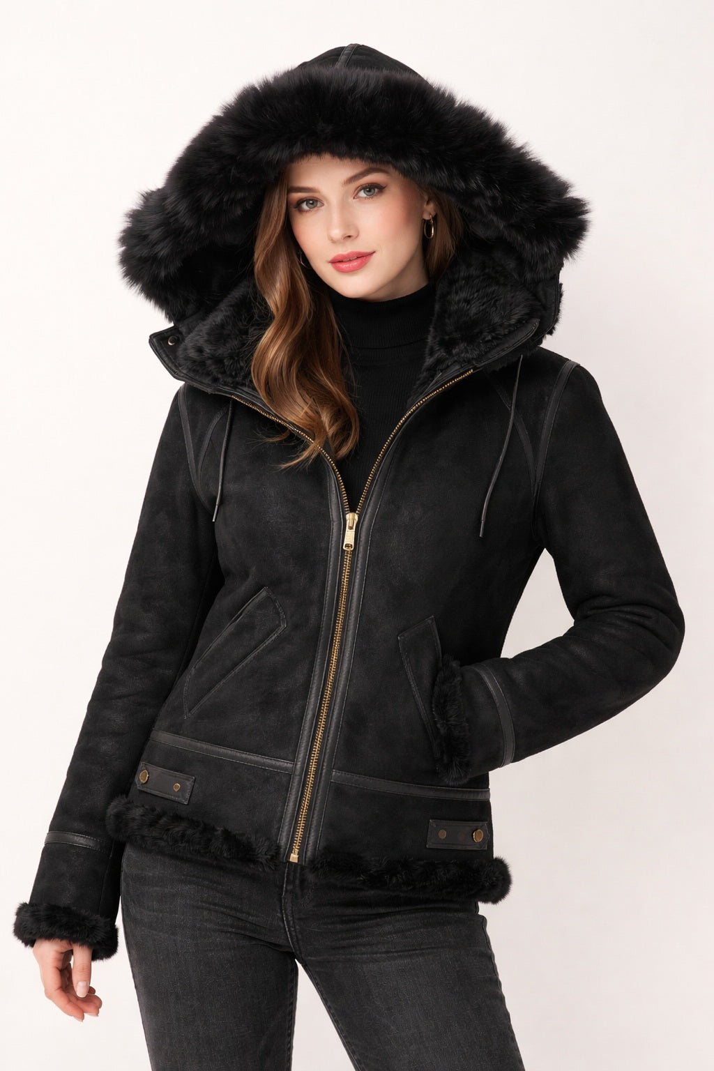 F005 Women's Suede Bomber Soft Suede Texture Shearling Genuine Leather Stylish Detachable Hood Jacket