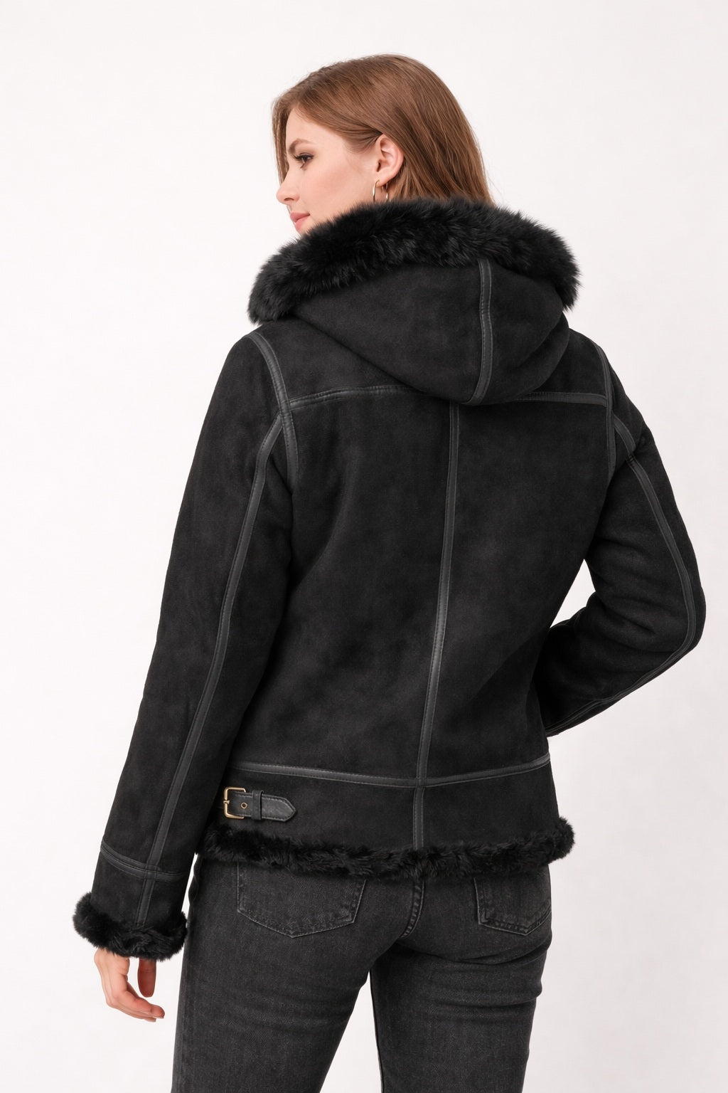 F005 Women's Suede Bomber Soft Suede Texture Shearling Genuine Leather Stylish Detachable Hood Jacket