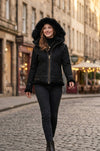 F005 Women's Suede Bomber Soft Suede Texture Shearling Genuine Leather Stylish Detachable Hood Jacket