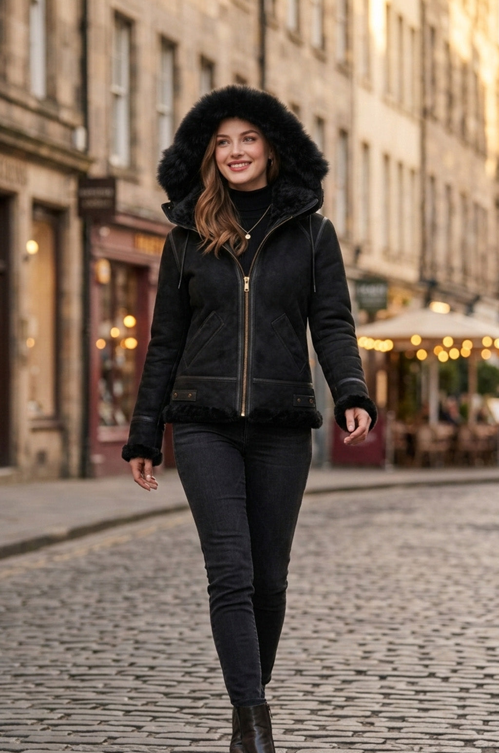 F005 Women's Suede Bomber Soft Suede Texture Shearling Genuine Leather Stylish Detachable Hood Jacket