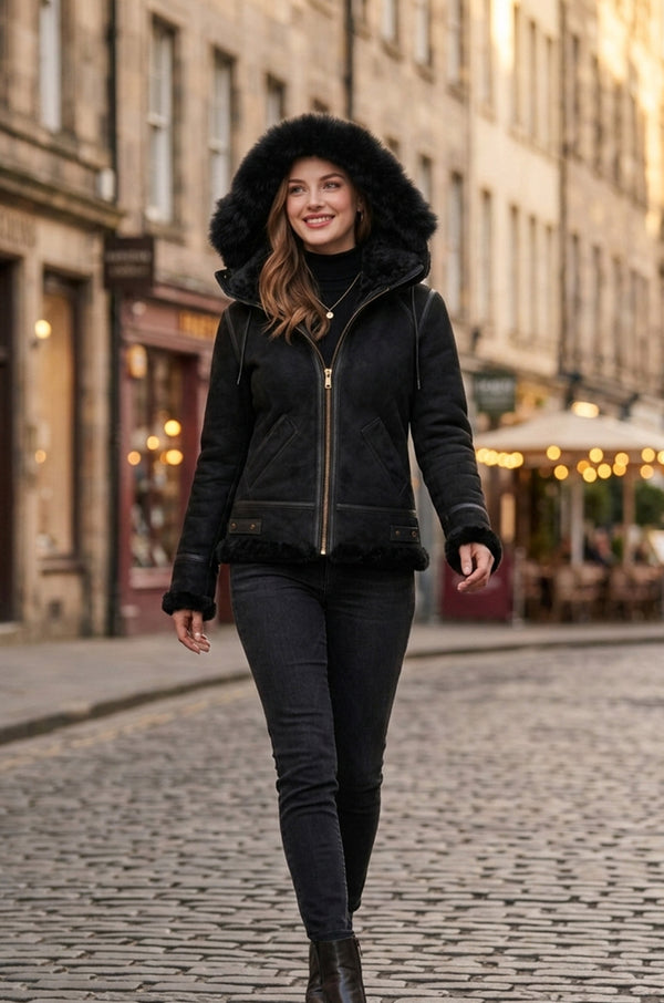 F005 Women's Suede Bomber Soft Suede Texture Shearling Genuine Leather Stylish Detachable Hood Jacket