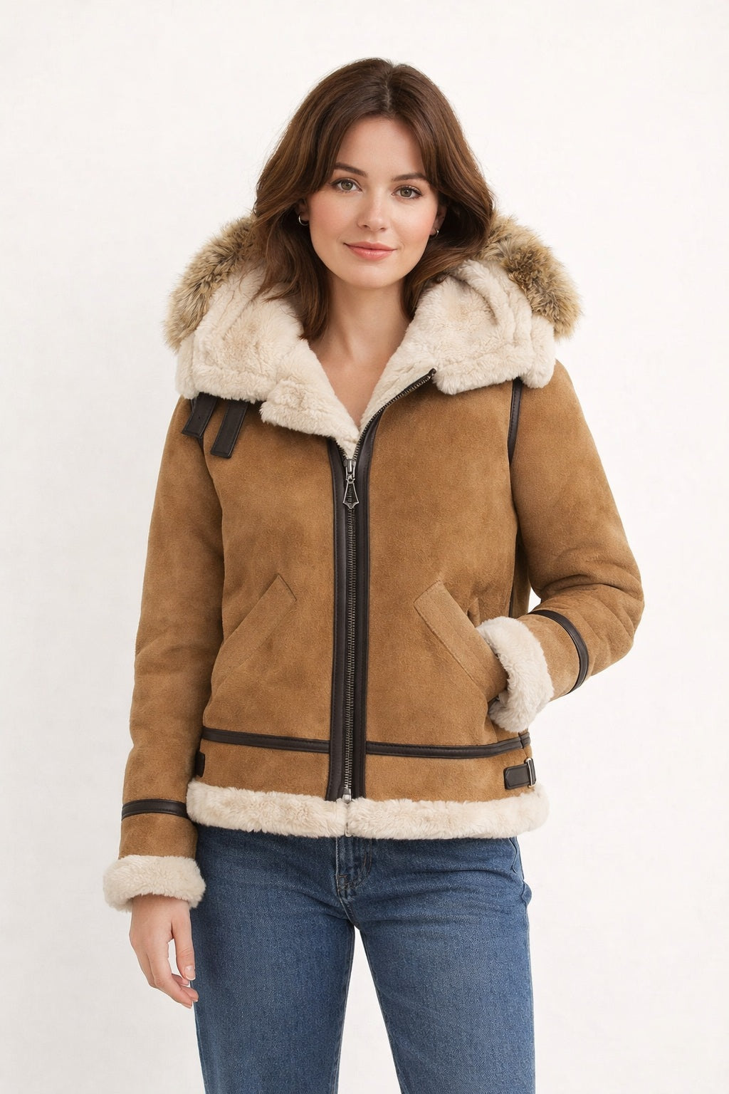 F007 Women's Suede Genuine Leather Stylish Detachable Hood Jacket
