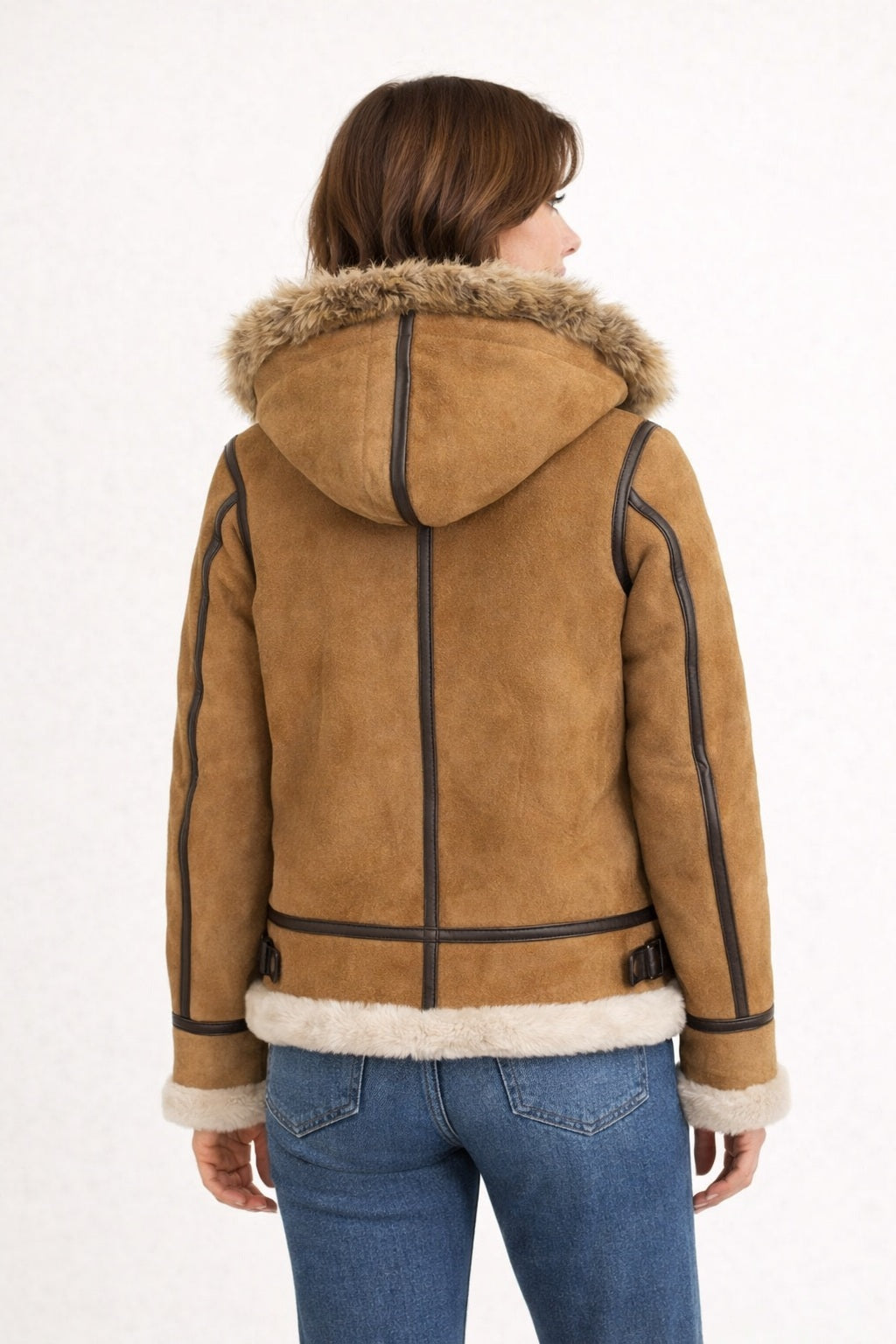 F007 Women's Suede Genuine Leather Stylish Detachable Hood Jacket