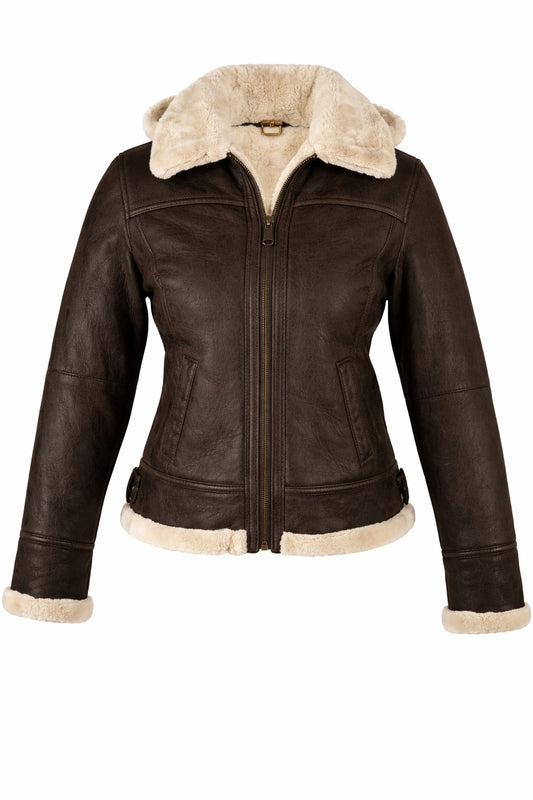 F010 Women's Hooded Bomber B3 Aviator RAF Genuine Fur Sheepskin Leather Jacket