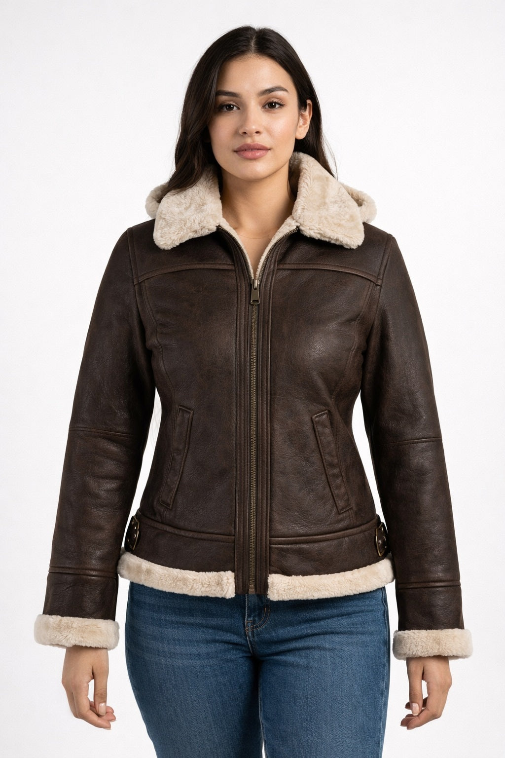 F010 Women's Hooded Bomber B3 Aviator RAF Genuine Fur Sheepskin Leather Jacket