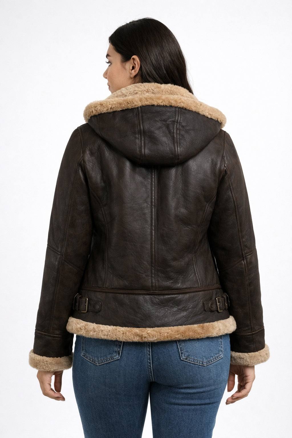 F010 Women's Hooded Bomber B3 Aviator RAF Genuine Fur Sheepskin Leather Jacket