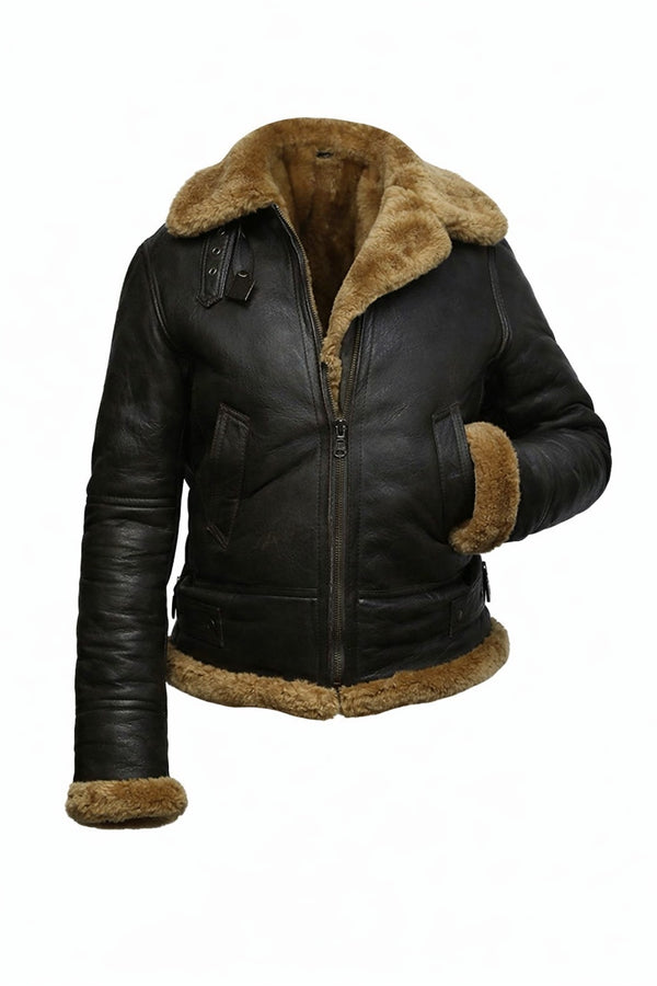 F011 Women Aviator Hooded B3 Bomber Fur Shearling Real Sheepskin Leather Jacket