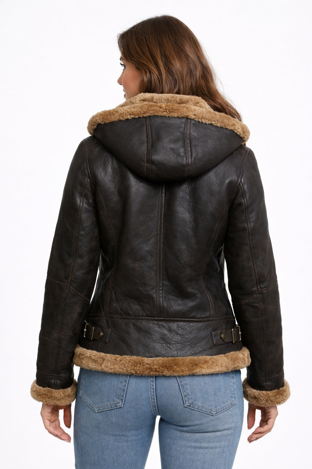F011 Women Aviator Hooded B3 Bomber Fur Shearling Real Sheepskin Leather Jacket