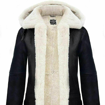 F012 Women’s Hooded Real Leather Black SheepShearling white Jacket