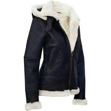 F012 Women’s Hooded Real Leather Black SheepShearling white Jacket