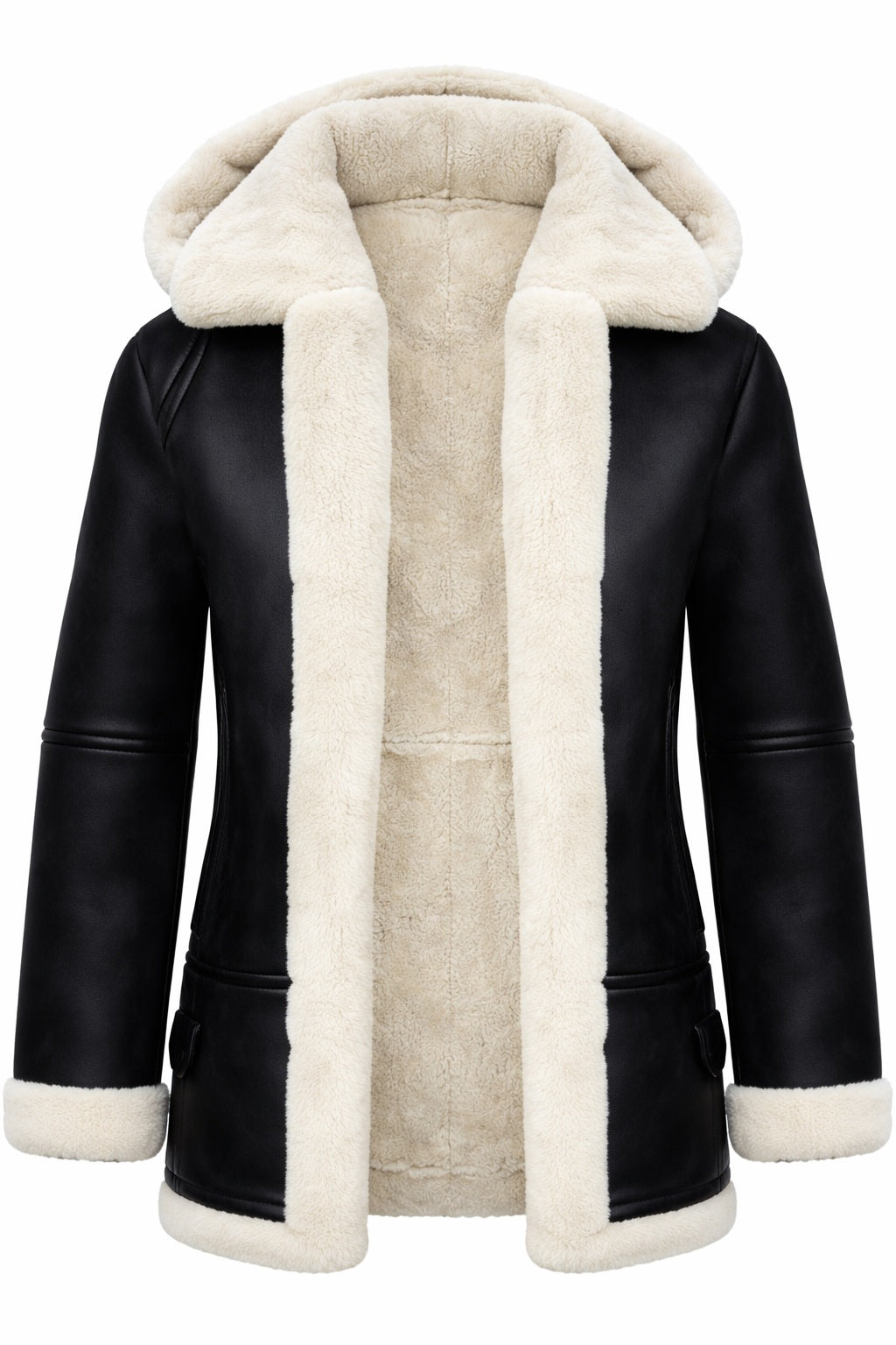 F012 Women’s Hooded Real Leather Black SheepShearling white Jacket