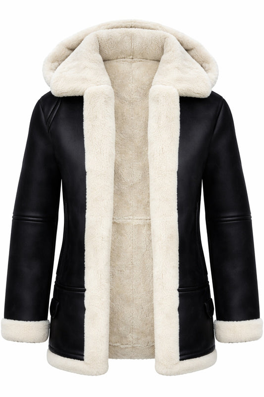 F012 Women’s Hooded Real Leather Black SheepShearling white Jacket