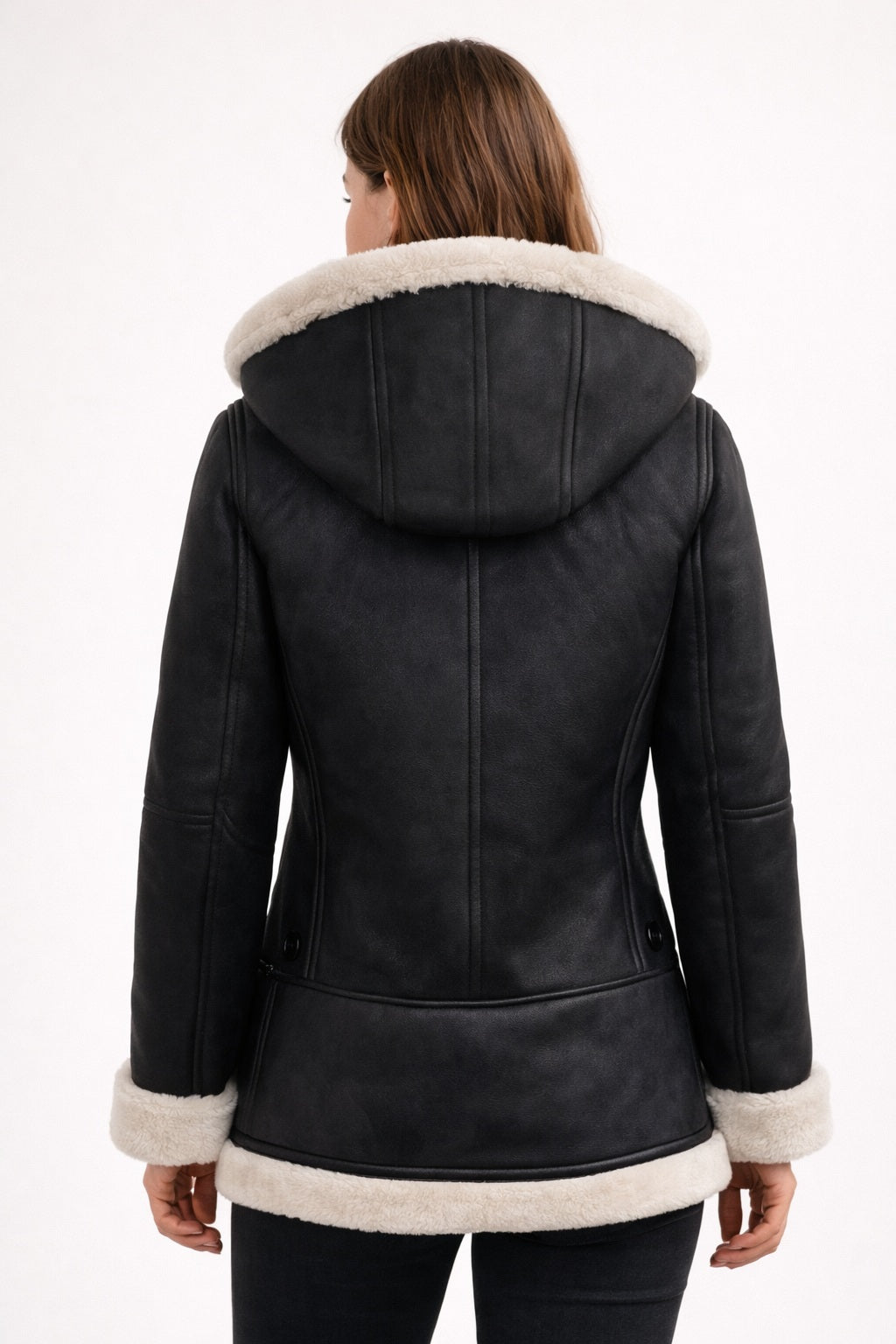 F012 Women’s Hooded Real Leather Black SheepShearling white Jacket