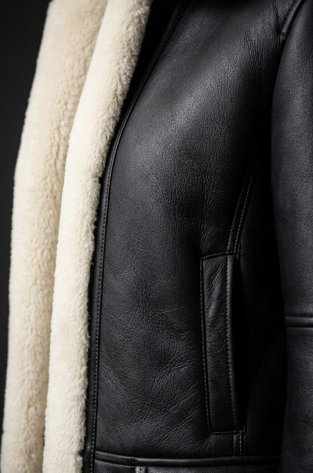 F012 Women’s Hooded Real Leather Black SheepShearling white Jacket