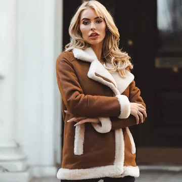 F013 Women Brown Army Real Sheep leather Shearling Aviator Biker Extreme Weather Classic Jacket