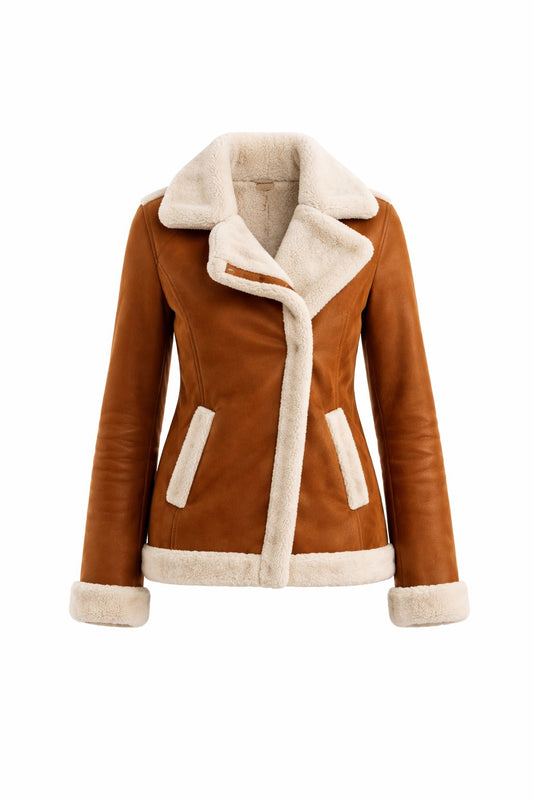 F013 Women Brown Army Real Sheep leather Shearling Aviator Biker Extreme Weather Classic Jacket