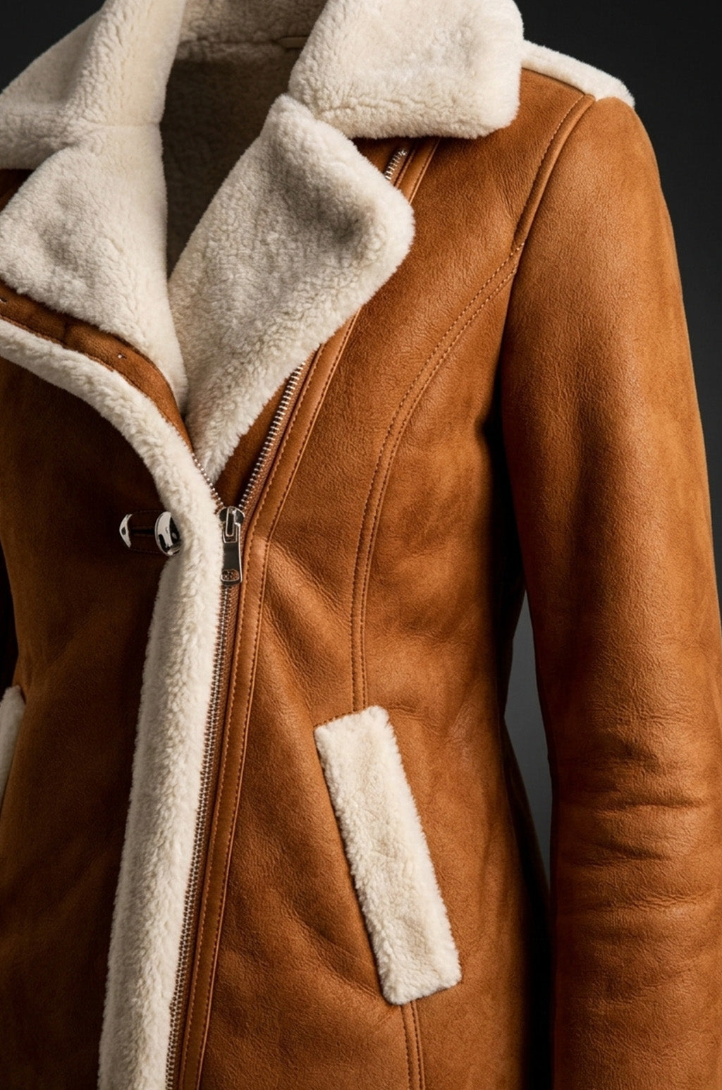 F013 Women Brown Army Real Sheep leather Shearling Aviator Biker Extreme Weather Classic Jacket