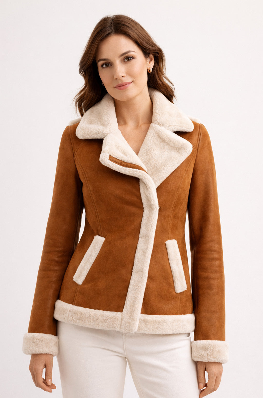 F013 Women Brown Army Real Sheep leather Shearling Aviator Biker Extreme Weather Classic Jacket