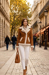 F013 Women Brown Army Real Sheep leather Shearling Aviator Biker Extreme Weather Classic Jacket