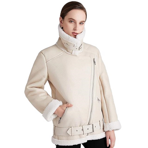 F014 Women's Aviator  Sheepskin Fur  Real Leather Belted Design Jacket White