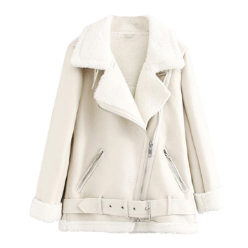 F014 Women's Aviator  Sheepskin Fur  Real Leather Belted Design Jacket White