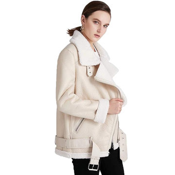 F014 Women's Aviator  Sheepskin Fur  Real Leather Belted Design Jacket White