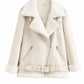 F014 Women's Aviator Sheepskin Leather Shearling Fur Belted Design Jacket White Coat