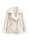F014 Women's Aviator Sheepskin Leather Shearling Fur Belted Design Jacket White Coat
